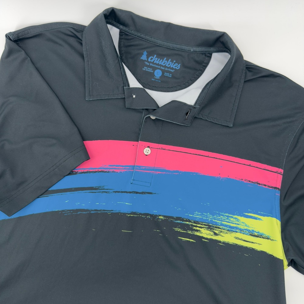 Chubbies Mens Performance Polo Shirt Large Black Neon Brushstroke Golf Stretch